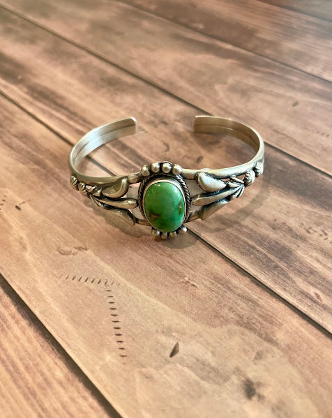 Sonoran Gold Turquoise Sterling Silver Leaf Cuff Bracelet by Navajo Artist Bobby Platero