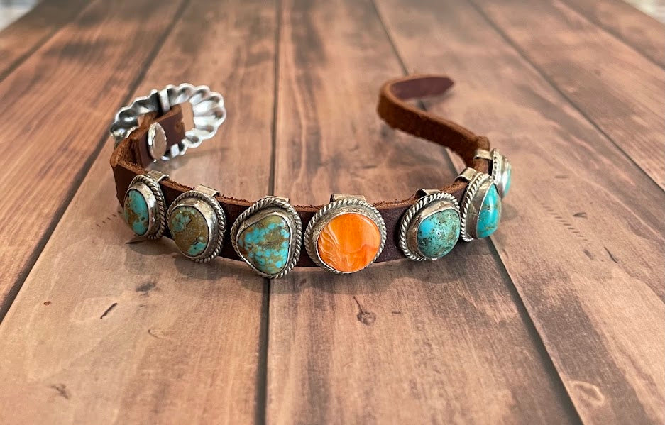 Dan Morgan Turquoise & Orange Spiny Oyster Sterling Silver Leather Bracelet