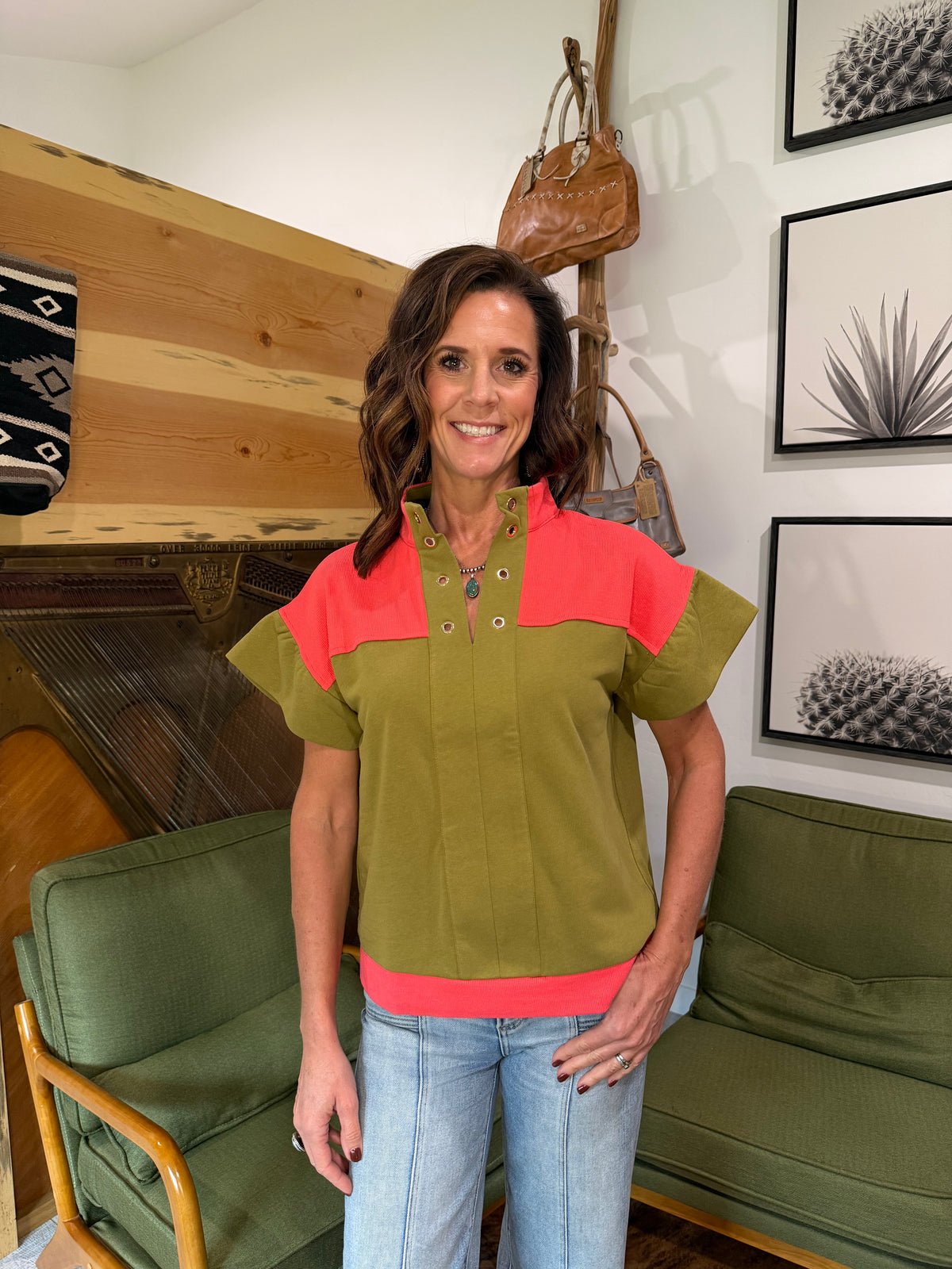 Colorblock Olive/Pink Terry Top