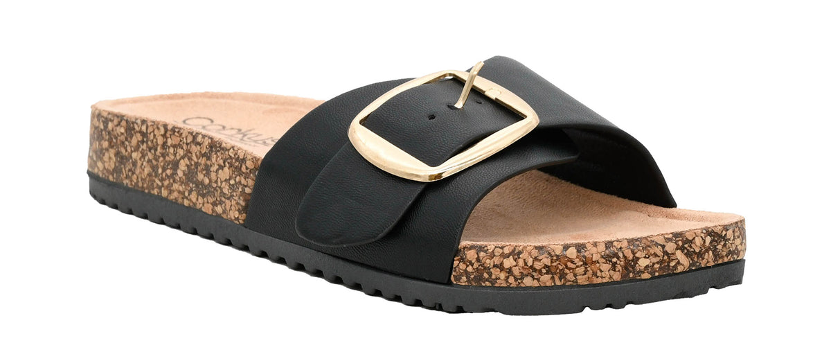Road Trip Black Cork Footbed Slide Sandals