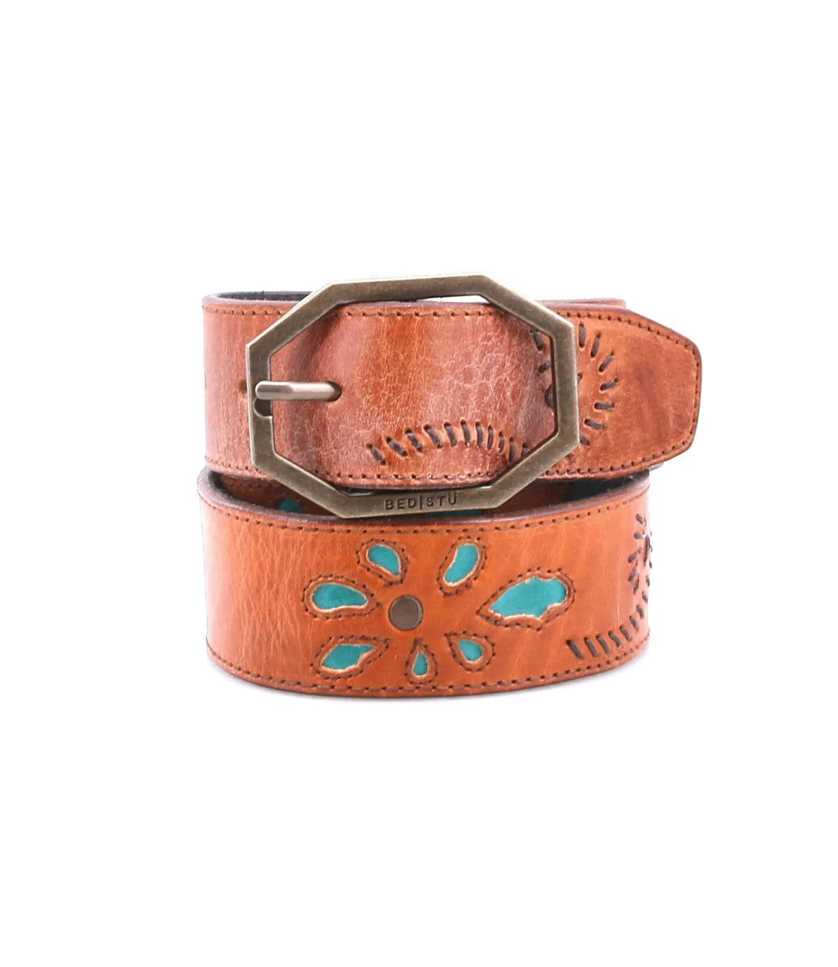 Bed Stu Cognac Leather Belt with Turquoise Inlay