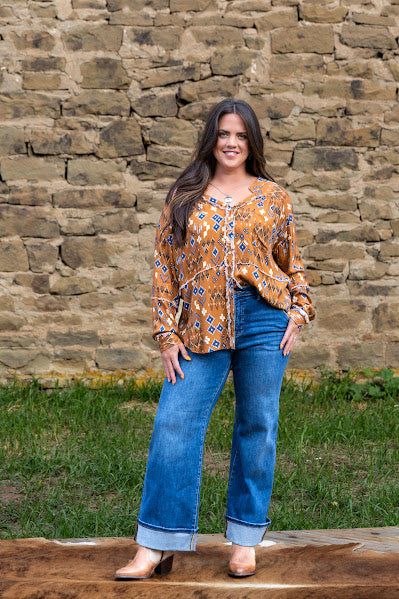 Aztec Cognac Button Up Blouse