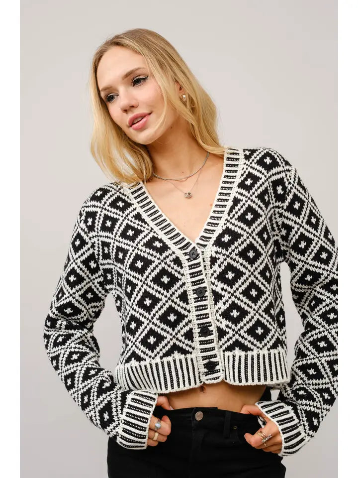 Aztec Diamond Button Up Crop Cardigan