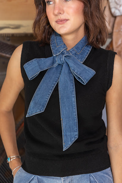 Black Sweater Vest with Denim Tie-Neck Collar
