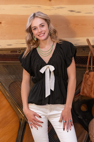 Black Crinkle Blouse with White Tie