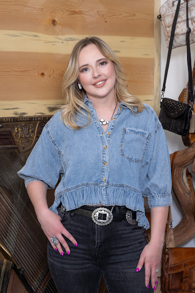 Ruffle Hem Button Down Denim Blouse