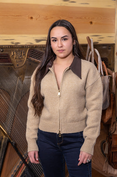 Double Zip Faux Leather Collared Sweater Jacket