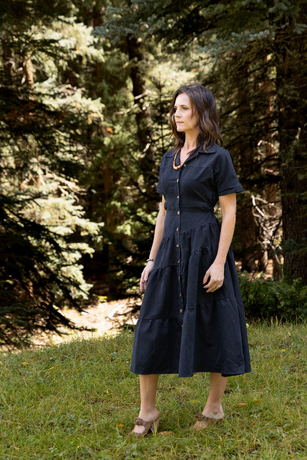 Black Tiered Midi Dress with Collar