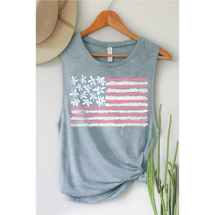 Patriotic Floral Flag Mineral Washed Tank Top