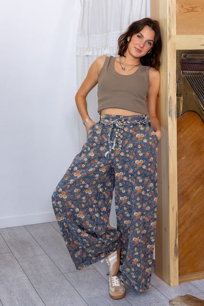 POL Floral Wide Leg Paperbag Waist Jeans
