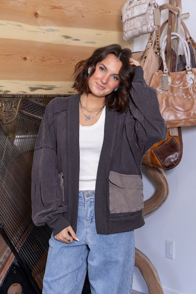 Washed Ash Gray Collarless Open Front Cardigan