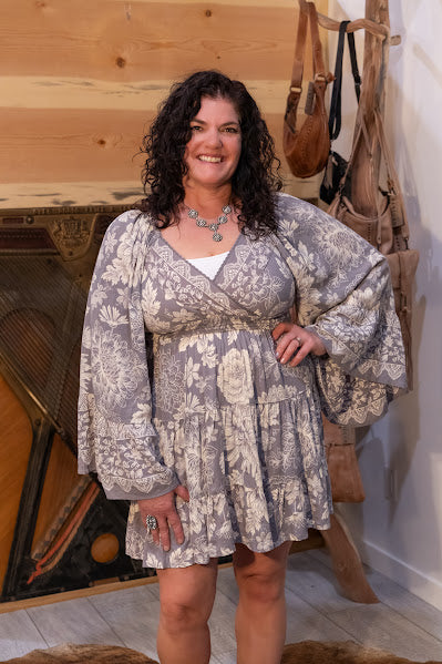 Floral Gray Flutter Sleeve Dress