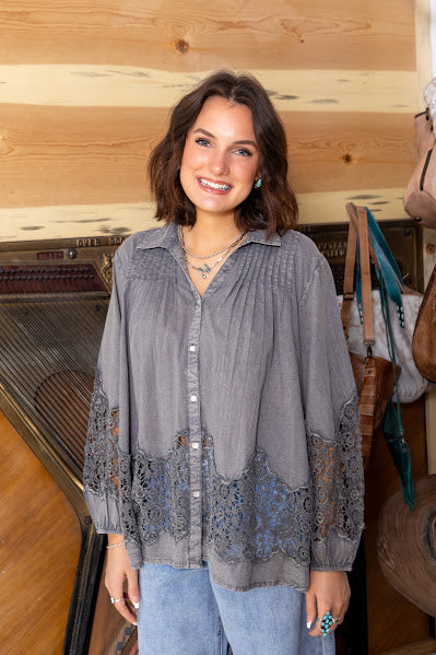 POL Mineral Wash Crochet Lace Button-Down Top