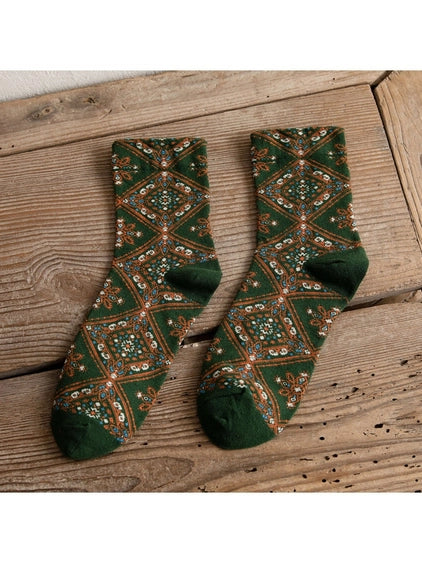 Retro Mid-Calf Green Floral Socks