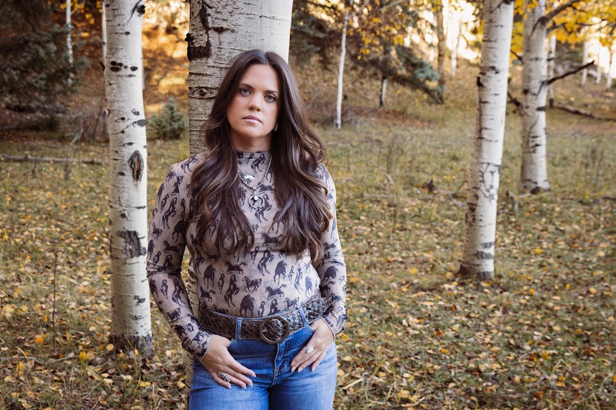 Mesh Western Horse Mock Neck Top