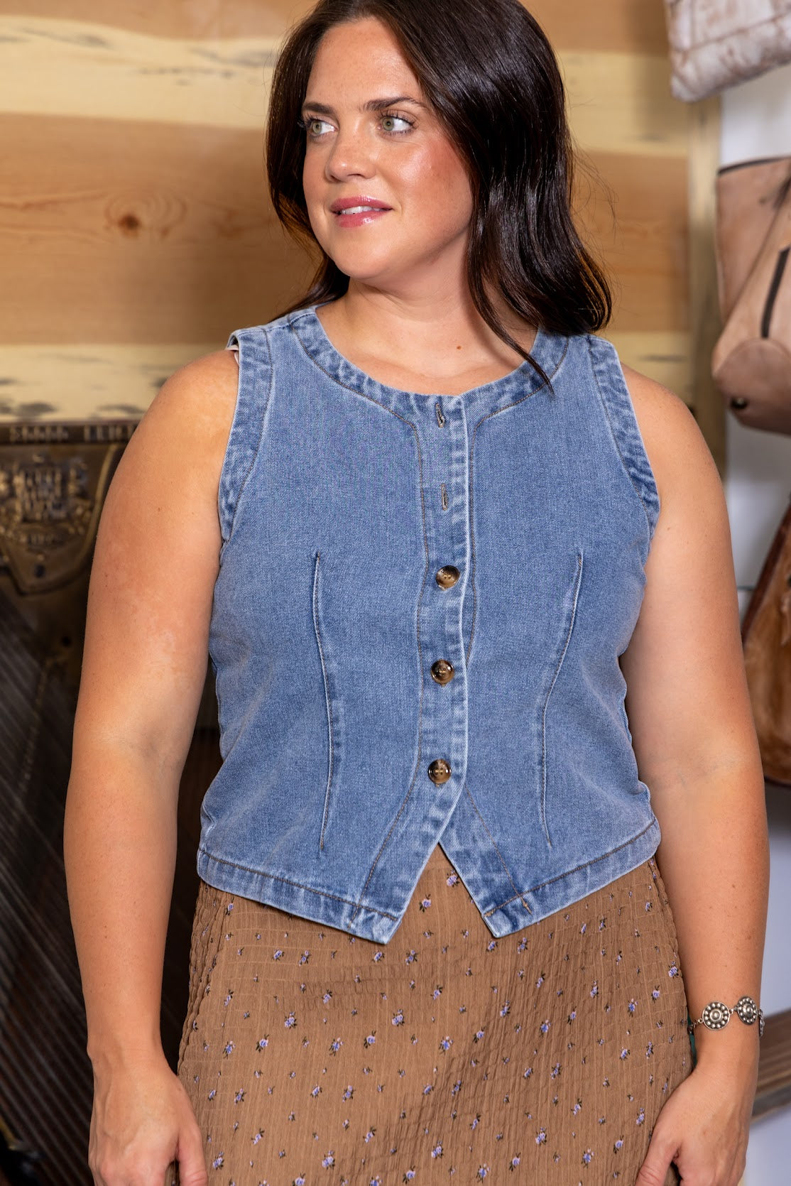 Blue Haze Denim Tailored Button-Front Vest by Mikarose