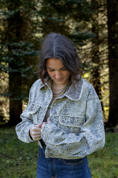 Leopard Print Denim Jacket with Crochet Trim