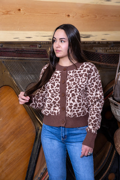 Leopard Knit Button Up Cardigan