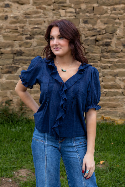 Navy Ruffle Short Sleeve Top