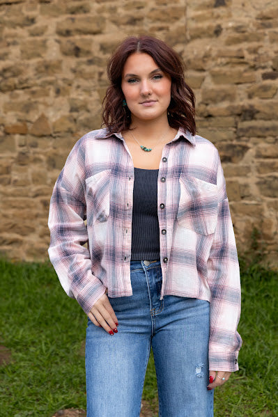 Cropped Pink & Black Flannel Top