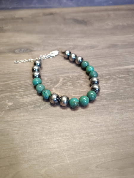 8mm Sterling Silver Pearl and Round Turquoise Bead Bracelet