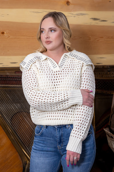 Open Knit Rhinestone Collar Sweater