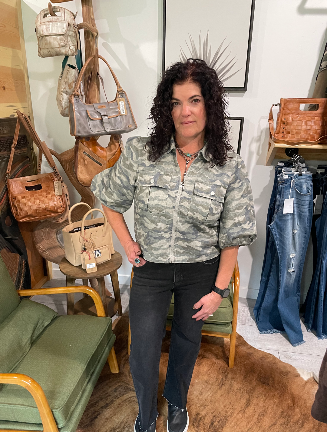 Camo Cropped Shirt Jacket with Zip Front and Puff Sleeves