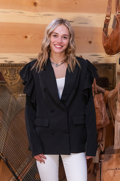 Ruffle Shoulder Black Blazer