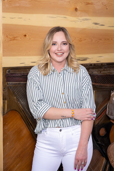 Striped Ruffle Hem Button Up Blouse