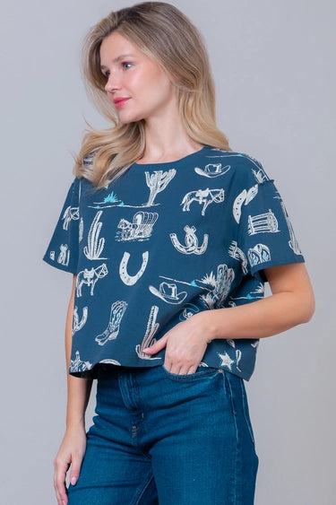 Western Printed Short Sleeve Tee Shirt