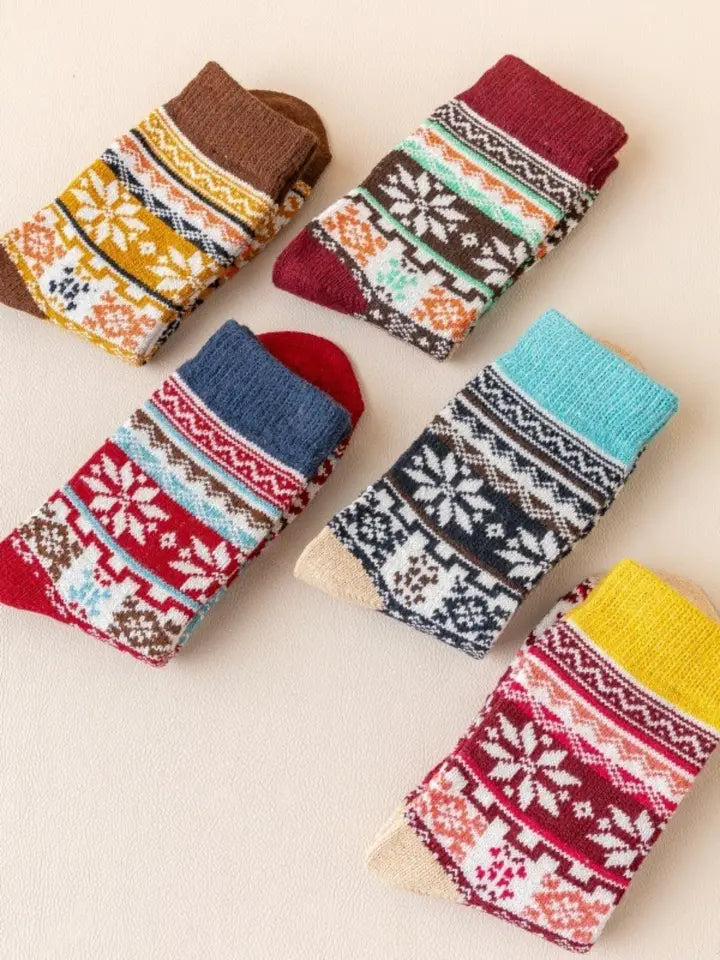 5 Pair Retro Thick Snowflake Sock