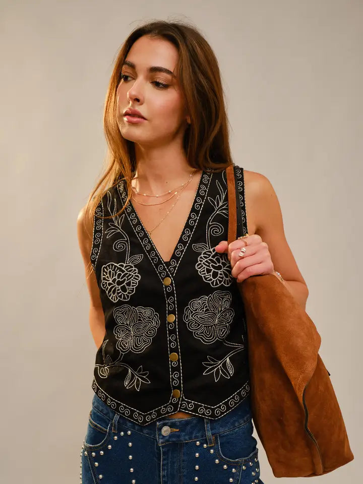 Black Embroidered Suede Vest