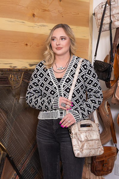 Aztec Diamond Button Up Crop Cardigan