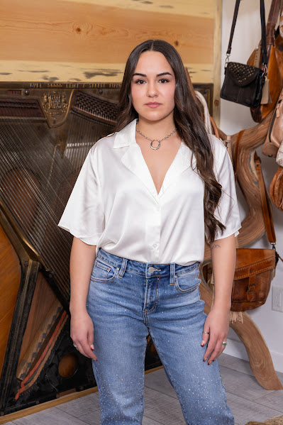 Satin Button Up Short Sleeve Blouse